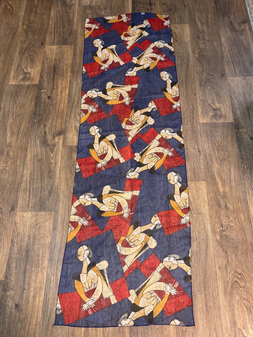 Vintage Moem Korea Sheer Scarf 19” X 64” Rectangular Blue Red Multi Cubist Art